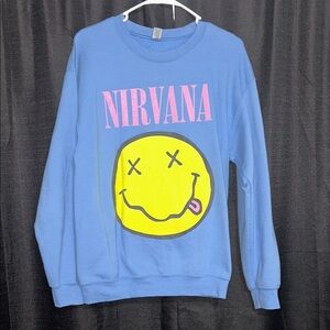 NIRVANA Blue Sweatshirt with Pink and Yellow Graphics